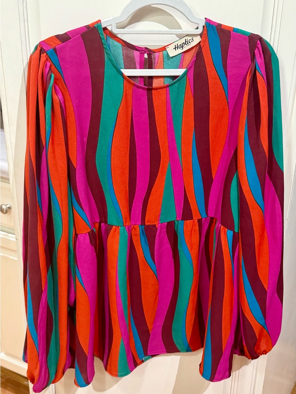 Haptics Vibrant Multi-Color Wave Print Long-Sleeve Blouse